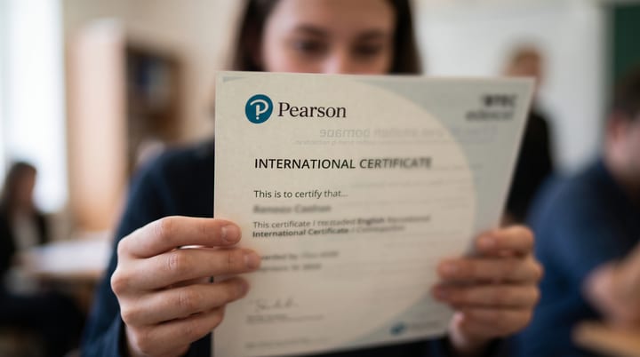 Alumna sosteniendo su certificado internacional de Pearson tras aprobar el examen oficial